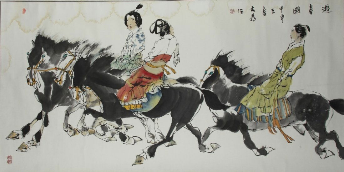 Chinese Scroll Painting, Attributed to Liu Dawei: China, scroll painting, ink and color on paper, showing a group of women in colorful clothing riding horses, mounted on silk scroll, calligraphy signature and red seal, attributed to Liu Dawei. Height