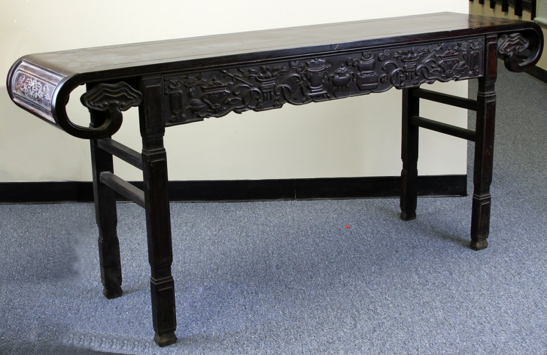 Chinese Carved Zitan Altar Table: China, 19th C., carved Zitan wood altar table. Length 70 in., Width 16 3/4 in., Height 32 1/2 in.