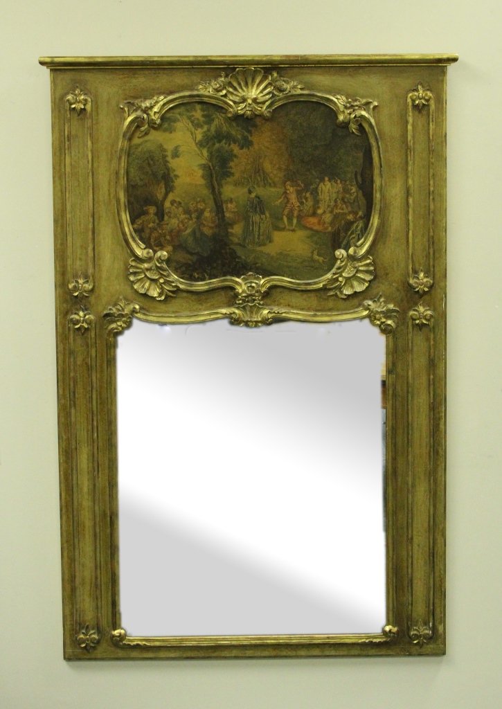 Italian Painted Panel Mirror: Italy, antique gilt panel mirror with decorative scalloped edges and shell decoration. Central featured medallion of stately figures in a garden landscape. Provenance: From the estate of Nick Sampson,