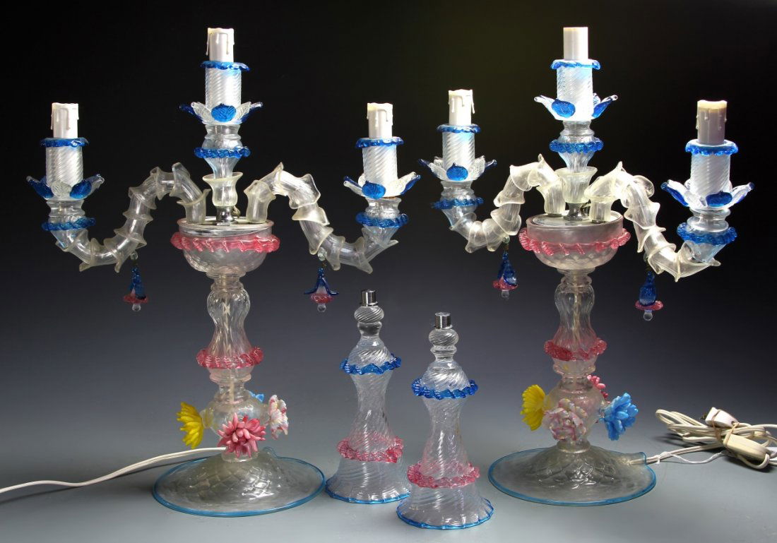 Pair of Italian Murano Glass Candelabras: Italy, antique pair of colorful Murano glass candelabras, with bud vase inserts, in lively yellow, pink, and blue, electric wired. Provenance: From the estate of Nick Sampson, Uxbridge, MA. Height 18