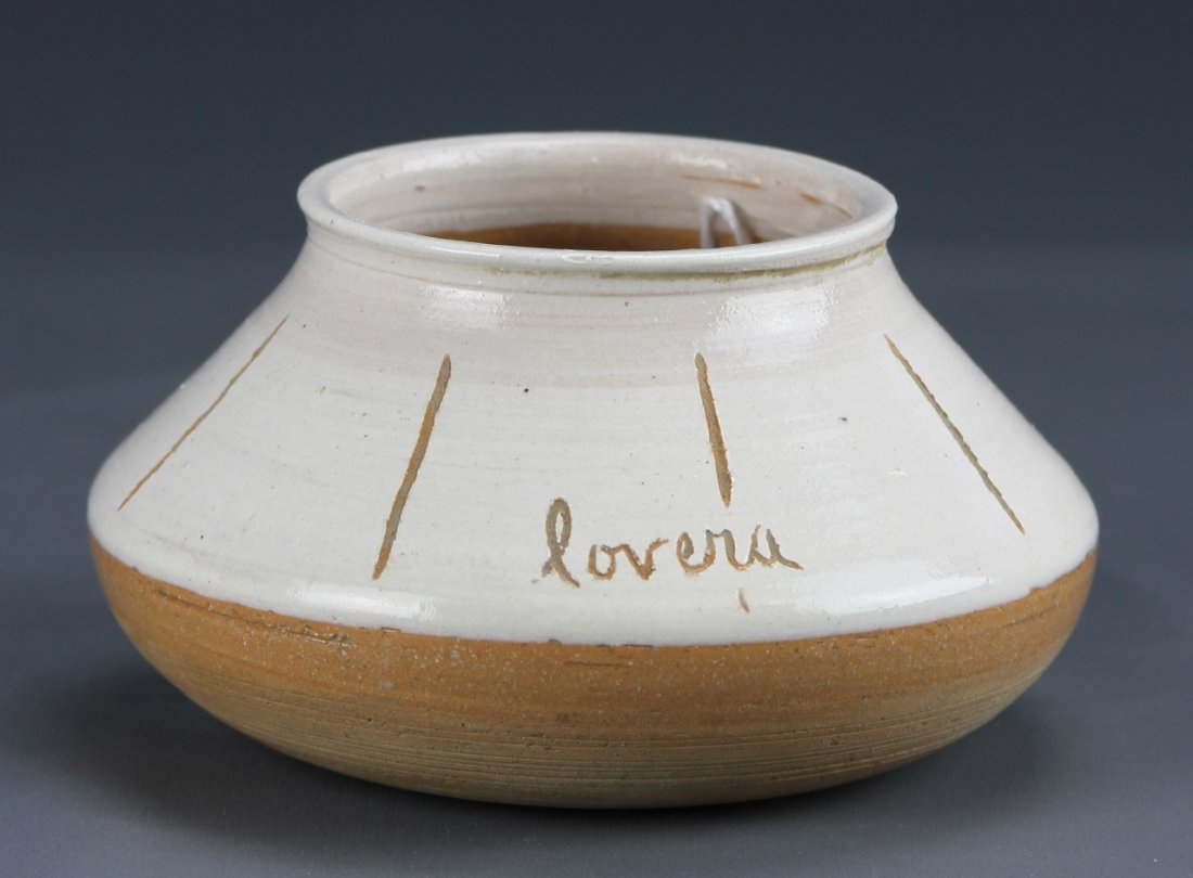 American Ceramic Bowl, Signed James Lovera: America, ceramic bowl, slightly flared rim, rounded body, white glaze on upper portion, signed James Lovera. Height 2 1/4 in., Diameter 4 in.