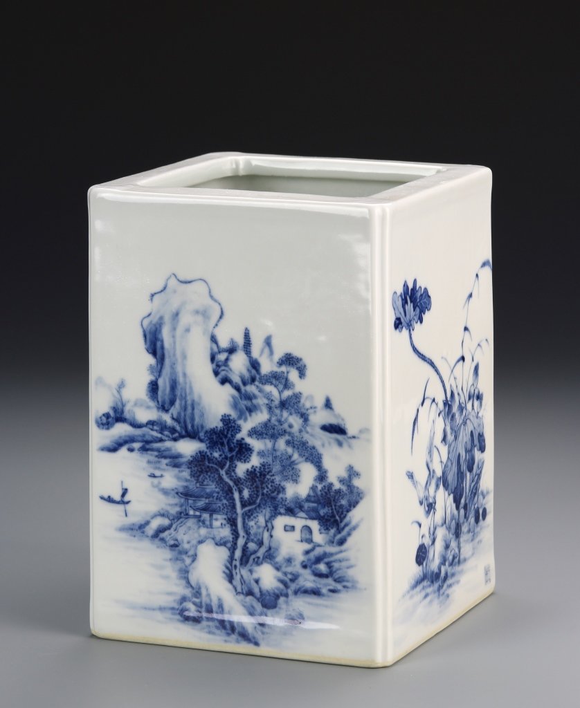 Chinese Blue and White Brushpot, Wang Bu: China, solidly potted with square section and grooved corners, each of the sides decorated with a scene in vivid cobalt blue, two opposite sides painted with distant river landscape, the other two sid