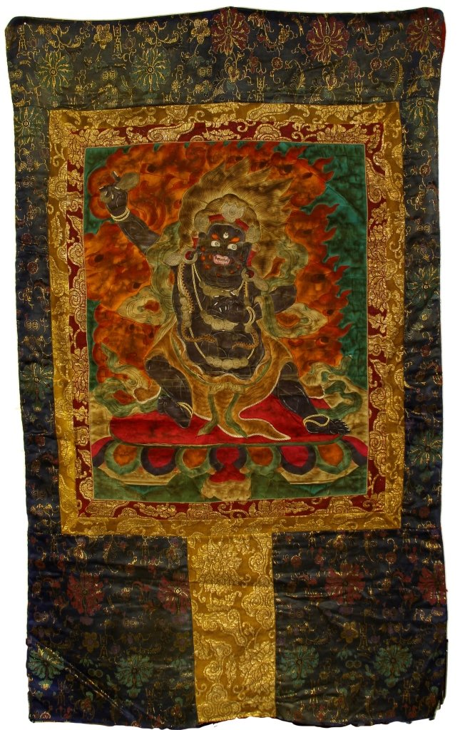 Tibetan Thangka: Tibet, 19th C., Thankgka with brightly colored images of a Buddhist figure in a standing position, with a background of flames, the figure is standing on a lotus base. Length 25 1/2 in., Width 24 in.
