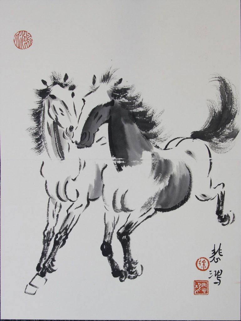 Chinese Album Painting, Attributed to Xu Bei Hong: China, album painting, ink and color on paper, grey and white horse paintings in various stages of movement, calligraphy signature and red seal, attributed to Xu Bei Hong. Length: 9 1/2 in., Width: 6