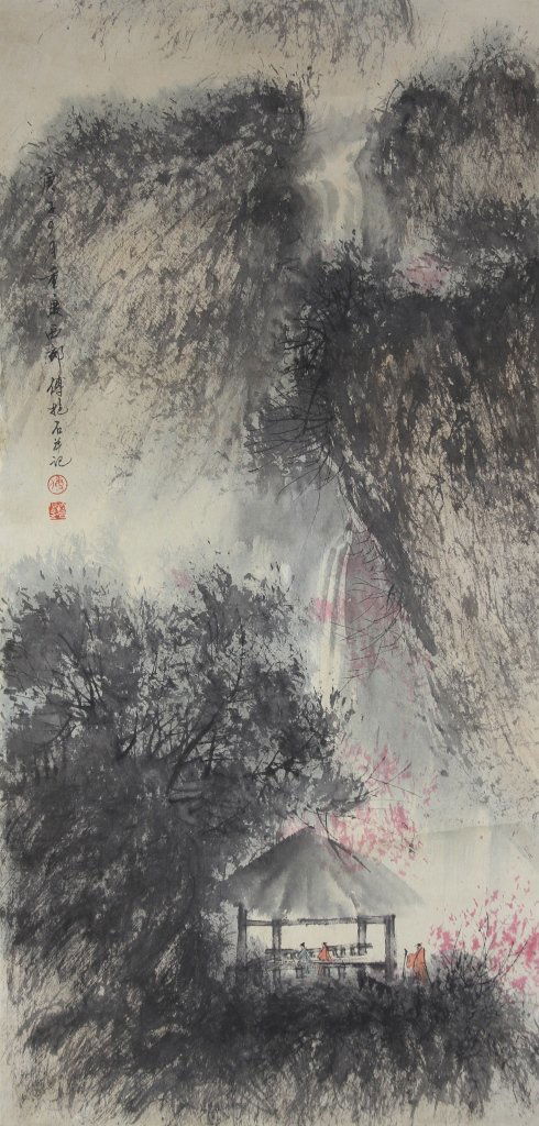 Chinese Scroll Painting, Attributed to Fu Baoshi: China, scroll painting, ink and color on paper, mounted on a silk scroll, roofed structure and small figures set in a loosely rendered landscape of foliate branches and a waterfall. Length: 95 in., Wi