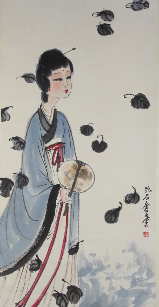 Chinese Scroll Painting, Attributed to Fu Baoshi: China, scroll painting, ink and color on paper, mounted on a silk scroll, elegant lady walking in the wind with leaves twirling around her, calligraphy signature and red seal, attributed to Fu Baoshi.