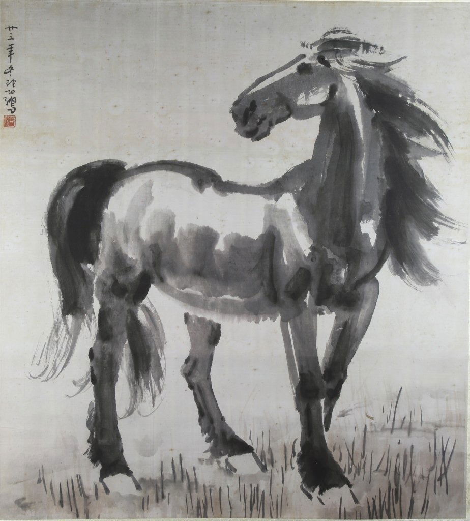 Chinese Scroll Painting of Horse, Xu Bei Hong: China, scroll painting, ink on paper, mounted on a silk scroll, a majestic dark grey horse standing in a field, calligraphy signature and red seal, attributed to Xu Bei Hong.