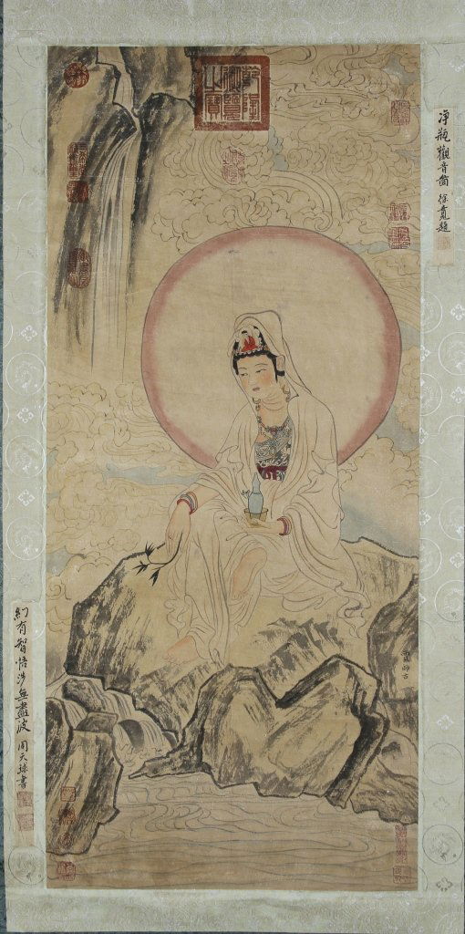 Chinese Scroll Painting, Attributed to Jia Shigu: China, Antique, scroll painting, ink and color on paper, mounted on a silk scroll, well detailed painting of robed lady, holding a vase of compassion, seated on rocks by the water, signature and seals