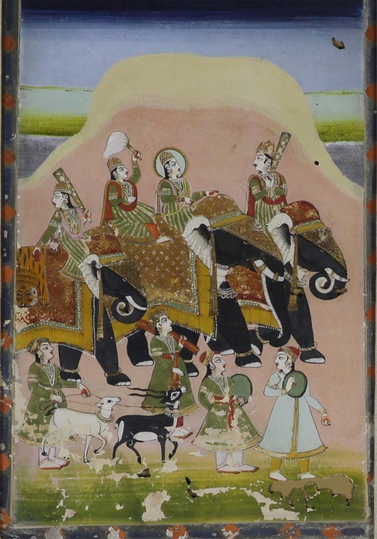 Indian Framed Painting of Travelling Elephants: India, 19th C., ink and color on paper, gilt frame, depicting a colorful travelling scene of figures on elephants and others walking with goats beside a mountain. Length 9 in., Width 6 in.