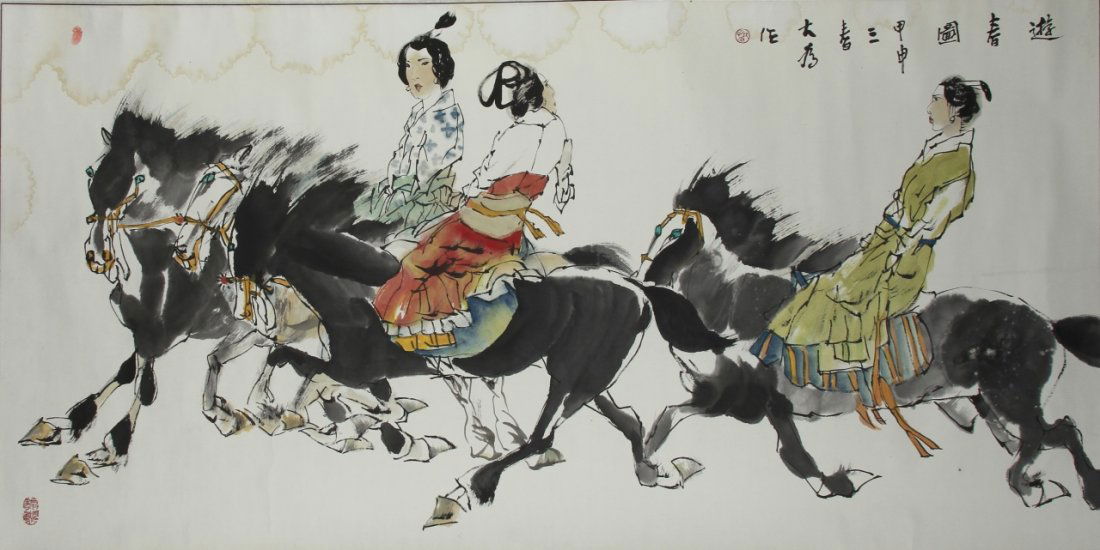 Chinese Scroll Painting, Attributed to Liu Dawei: China, scroll painting, ink and color on paper, mounted on silk scroll, group of women dressed in colorful clothing riding horses, calligraphy signature and red seal, attributed to Liu Dawei. Height: