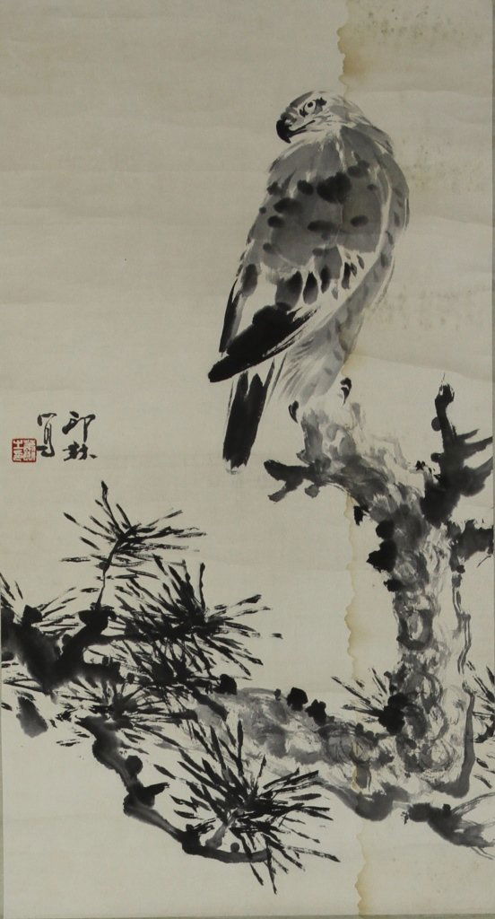 Chinese Scroll Painting of Eagle: China, scroll painting, ink on paper, detailed painting of an eagle sitting in a tree, signature and seal. Height: 30 3/4 in., Width: 16 1/2 in.