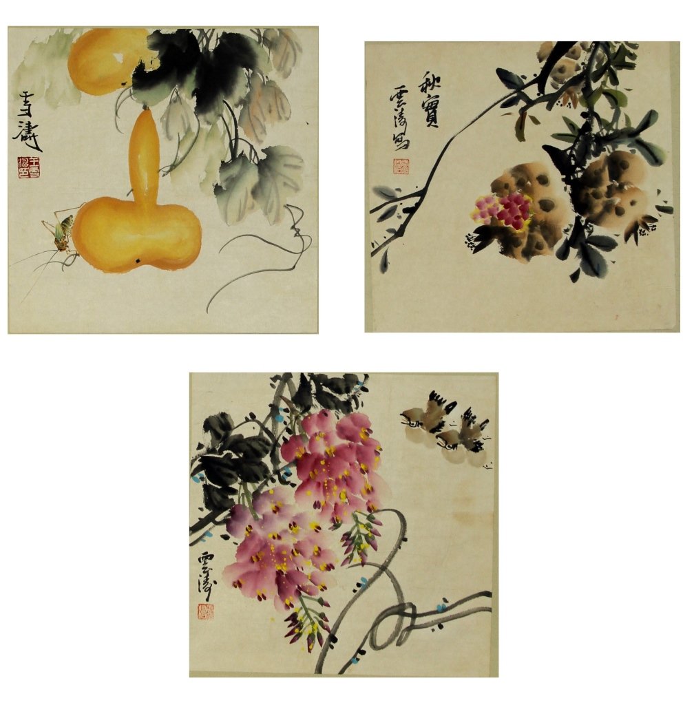 Three Chinese Drawings, Attributed to Wang Xue Tao: China, three ink and color on paper drawings,featuring birds, insects and fruit trees, signatures and red seals, attributed to Wang Xue Tao. Length: 12 1/2 in., Width: 12 1/2 in.