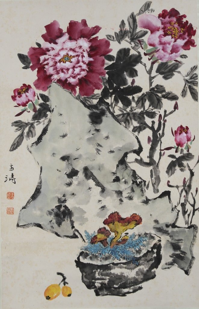 Chinese Scroll Painting, Signed Wang Xuetao: China, 20th C., scroll painting, ink and color on paper, scene of peonies, rock formations and vegetation, signed Wang Xuetao. Width: 17 in. Length: 26 in.
