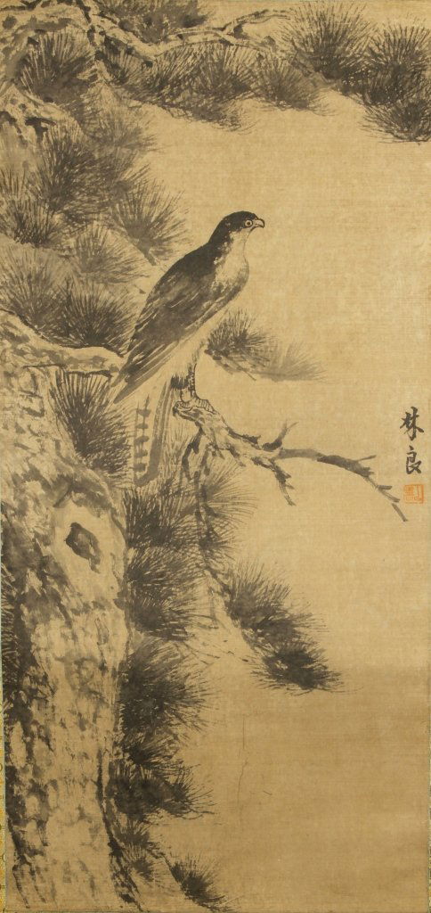 Chinese Scroll Painting, Attributed to Lin Liang: China, scroll painting, ink on paper, mounted on a silk scroll, depicting a falcon sitting in a pine tree, calligraphy signature and red seal, attributed to Lin Liang. Length: 17 1/4 in., Width: 37 in
