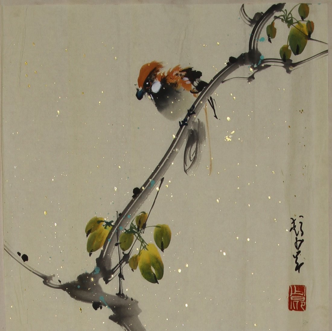 Chinese Ink and Color Painting: China, painting, ink and color on paper, mounted on a silk scroll, orange tufted bird sitting on a singular budding branch, signed Zhou Shao Ang. Length: 12 in.; Width: 12 in.