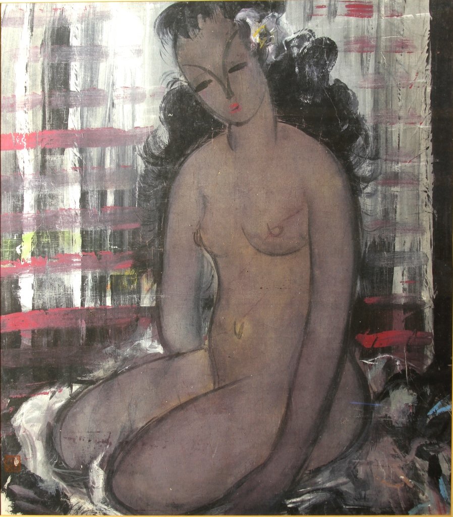 Chinese Painting, Attributed to Lin Fengmian: China, framed color lithography on paper of a nude female figure done in an abstract style, with large loose brush strokes, and a striped background, with with one seal of the artist, attributed to Li