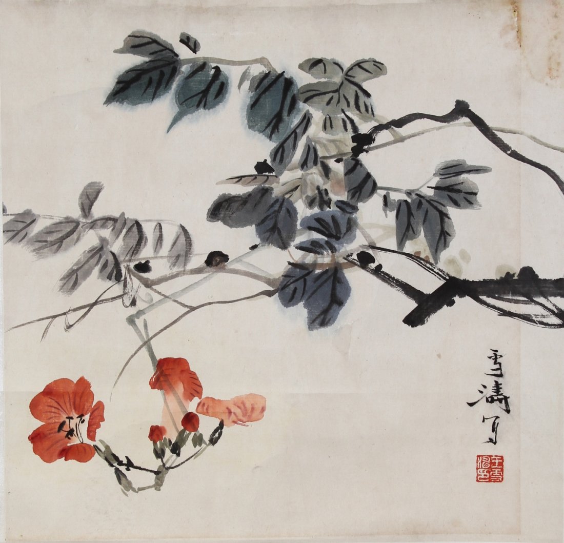 Chinese Scroll Painting, Attributed to Wangxue Tao: China, scroll painting of foliate tree branches, ink and color on paper, mounted on a silk scroll, calligraphy signature and red seal, attributed Wang Xue Tao. Width 14 in. Length 13 1/2 in.