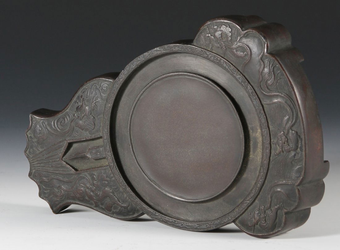 Chinese Ink Pad/Stone: China, Late 19th C., ink stone with intricate carvings on both sides. Width 8 in., Length 5 1/2 in., Height 1 in.