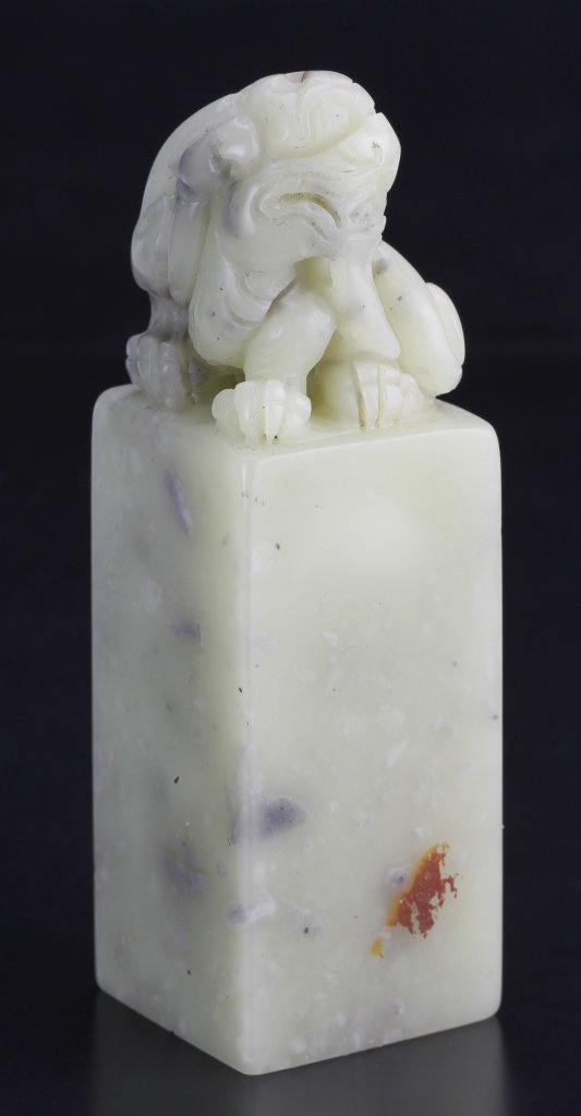 Chinese Carved Jade Seal Chop with Box: China, 19th C., carved jade seal chop with a lion on the top and a box. Height: 3 3/4 in.