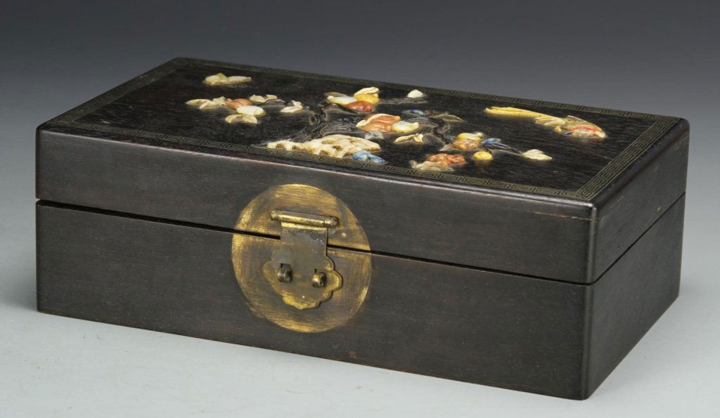 Chinese Zitan Scholar's Box with Inlays: China, 19th C., Zitan scholar's box with inlays of jade and semi precious stones. Length 3 in., Width 9 in., Height 5 1/2 in.