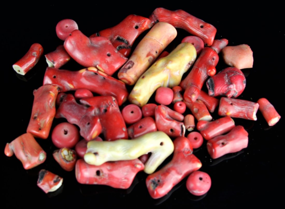 Bag of Chinese Coral Pieces: China, assorted bag of coral pieces in various sizes with a mixture of both red and white colors. Longest piece, approximately 2 1/2 in.