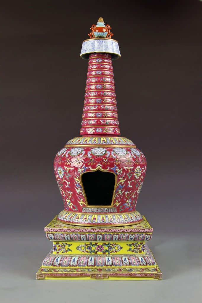 Chinese Famille Rose Buddhist Stupa: China, Famille Rose Buddhist stupa, Qianlong period, finely modeled with a round body supporting a set of thirteen graduated tiers surmounted by Buddhist vase emblem at the top, brilliantly enameled w