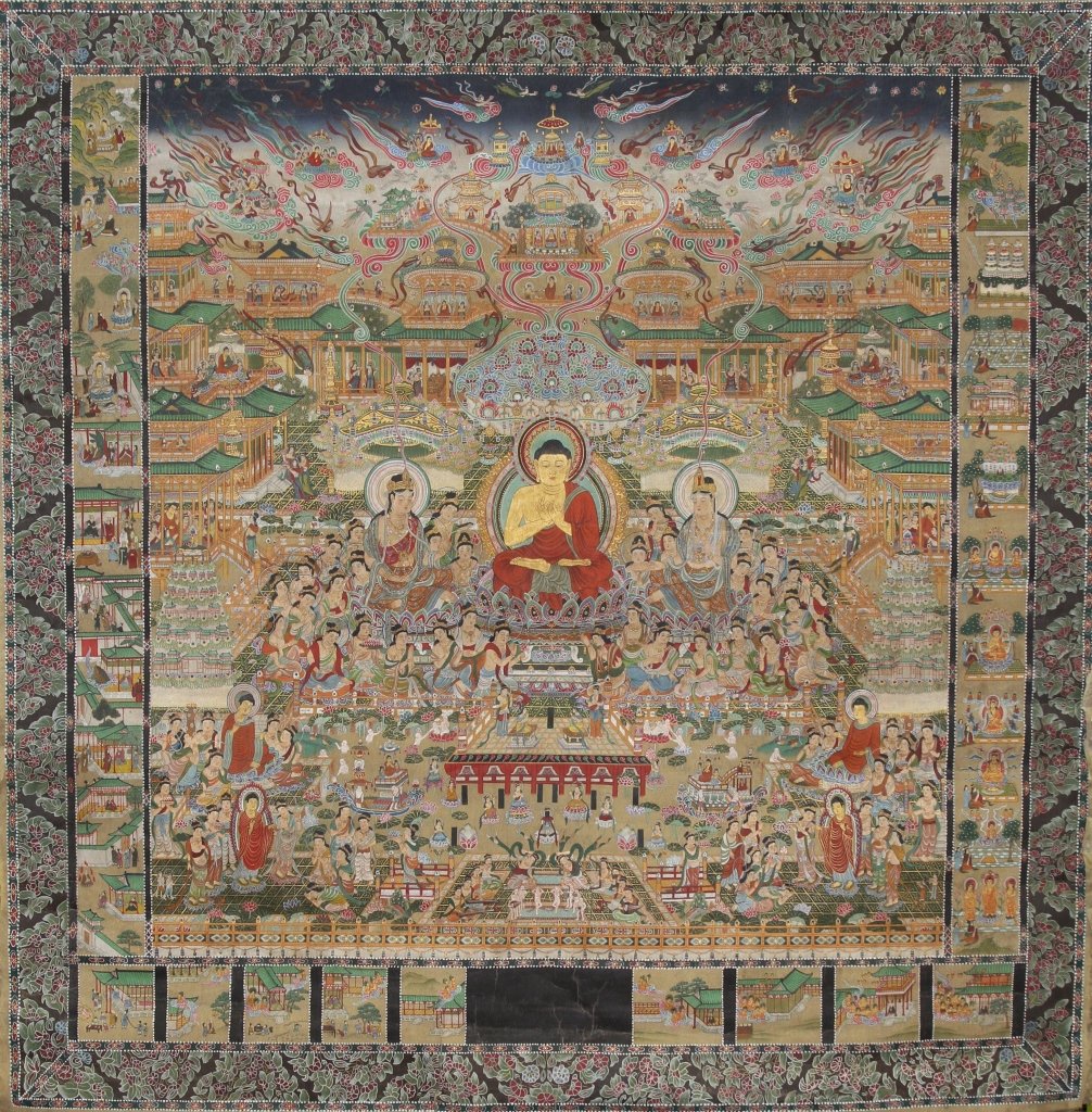 Chinese Buddhist Painting on Cloth: China, 18th C., painting on cloth of Buddhist figures in a densely patterned scene, including several central figures seated on pedestals, surrounded by immortals and deities, and religious scenes and