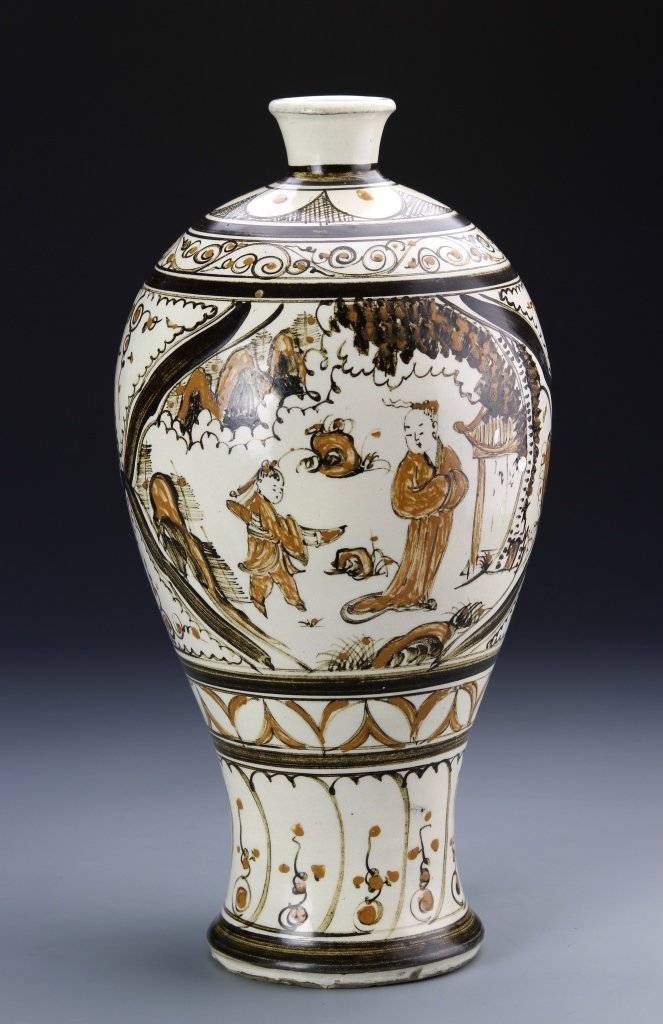 Chinese Cizhou Ware Meiping Vase: China, Cizhou ware Meiping vase, painted in medium and dark brown, with a scene of a woman and child in a garden setting. Height 12 in.