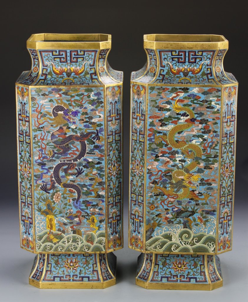 Pair of Chinese Square Cloisonne Dragon Vases: China, 19th C., a pair of large and magnificent square Cloisonne dragon vases, decorated with inlays of dragons, fire, and clouds above ocean waves in center, footing decorated with scrolling lotus an