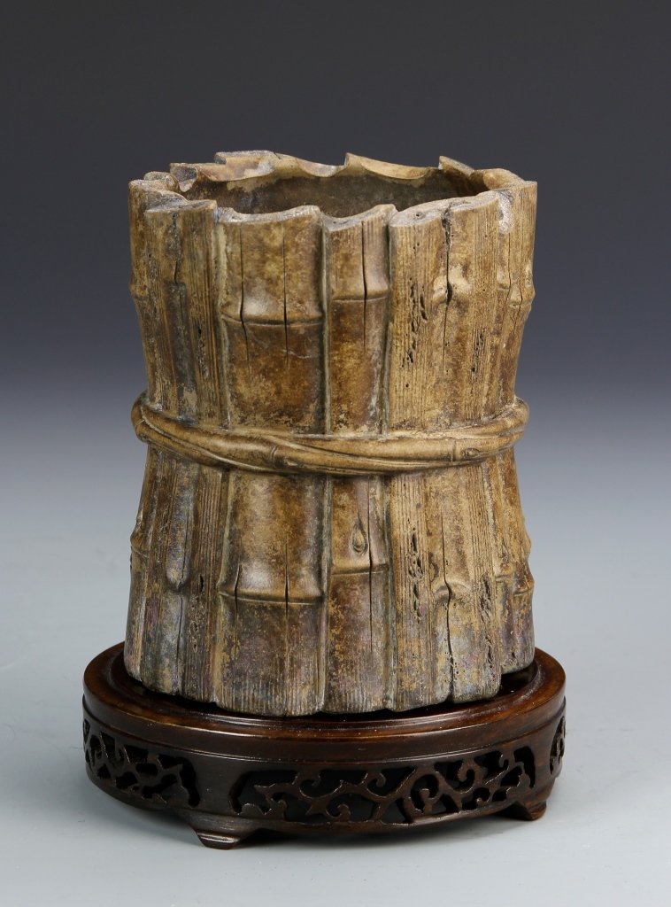 Chinese Zisha Clay Brushpot: China, 19th C., Potted by Yang Fengnian, realistically modeled, the cylindrical body imitating bamboo stalks, the base with a rectangular mark "Qing Xi Leng Ba Jia Ni Feng Nian Zhu Duan Dao Guang Nian