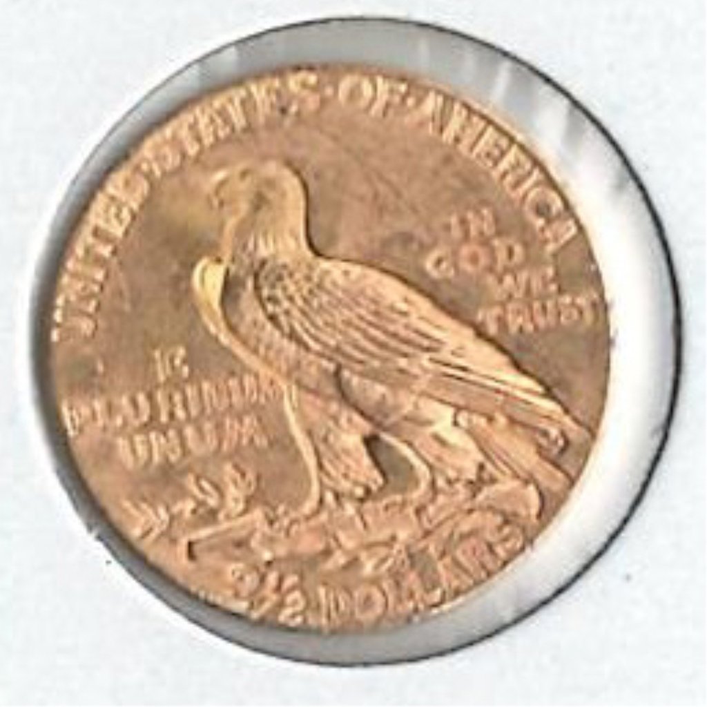 U.S. 1929 Gold Coin: America, 1929., two and a half dollar gold coin, Native American chieftain on the obverse surrounded by 13 stars, reads 'LIBERTY' above and '1929' below, bald eagle perched on the reverse, reads 'UNIT