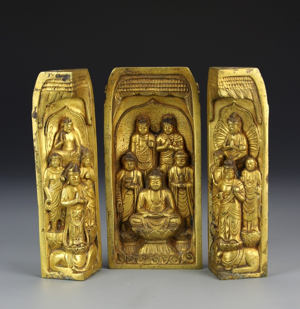 Rare Chinese Gilt Bronze Buddhist Stele Set: China, composed of three pieces, a center piece of rectangular tympanum cast with central Buddha seated indhyanasana on a lotus base flanked by Ananda and Kasyapa with two bodhisattvas standing behind