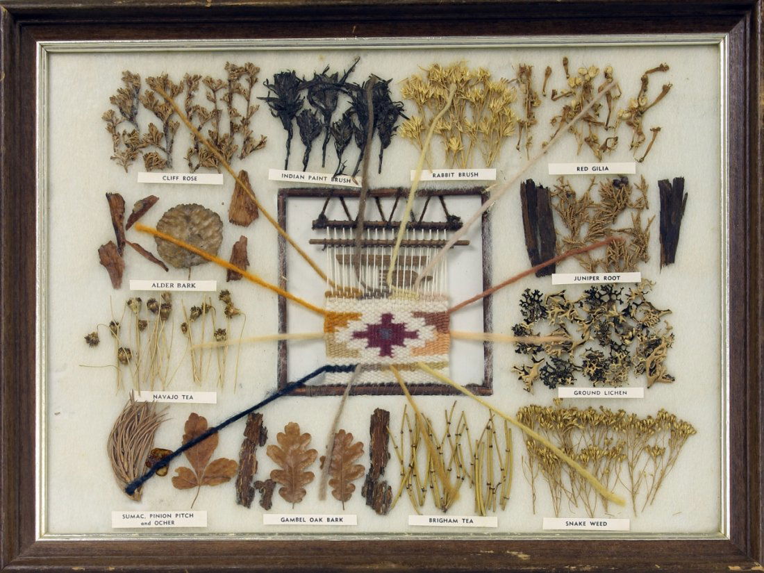 Framed Southwest Rug Plant and Dye Diorama: Southwest, framed rug plant and dye diorama, instructional piece, with various plants matched to the color of the weave on the small rug. Width 18 in., Length 14 in.