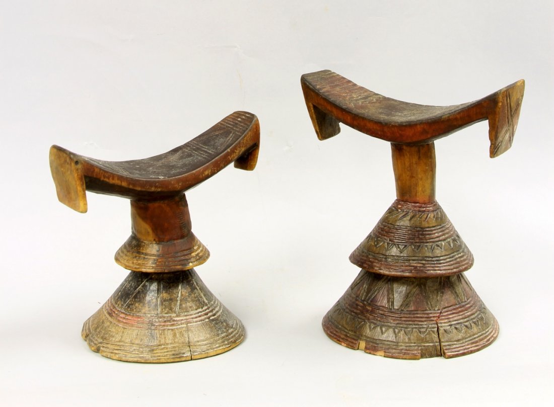 Two African Kuba Tribe Head Rests: Africa,Kuba (DRC), two simple wood head rests, with nice wear, and carved geometric designs on the base and sides. Largest Height 7 1/2 in. Provenance: From the Dr. Robert Goodwin Collection.