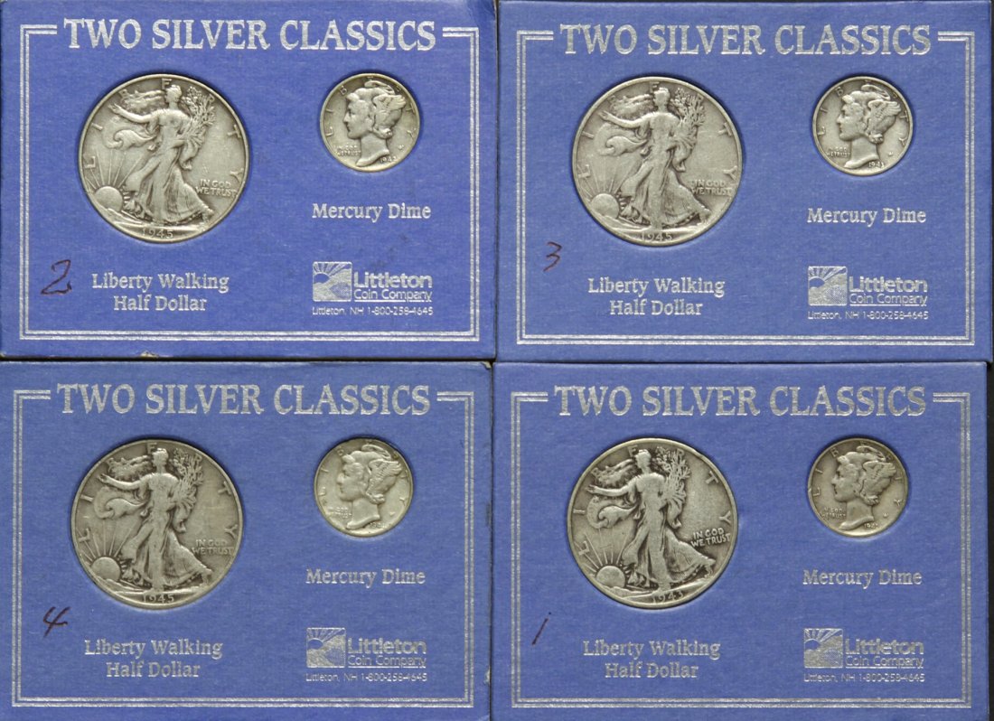 Eighty-seven U.S. Coins: America, collection of eighty seven coins: one 1925 Lincoln Cent; four pair of half dollar and dime silver classics: 1) 1943, 1941, 2) 1945, 1942, 3) 1945, 1943, 4) 1945, 1944; One cents: 1929(5), 193