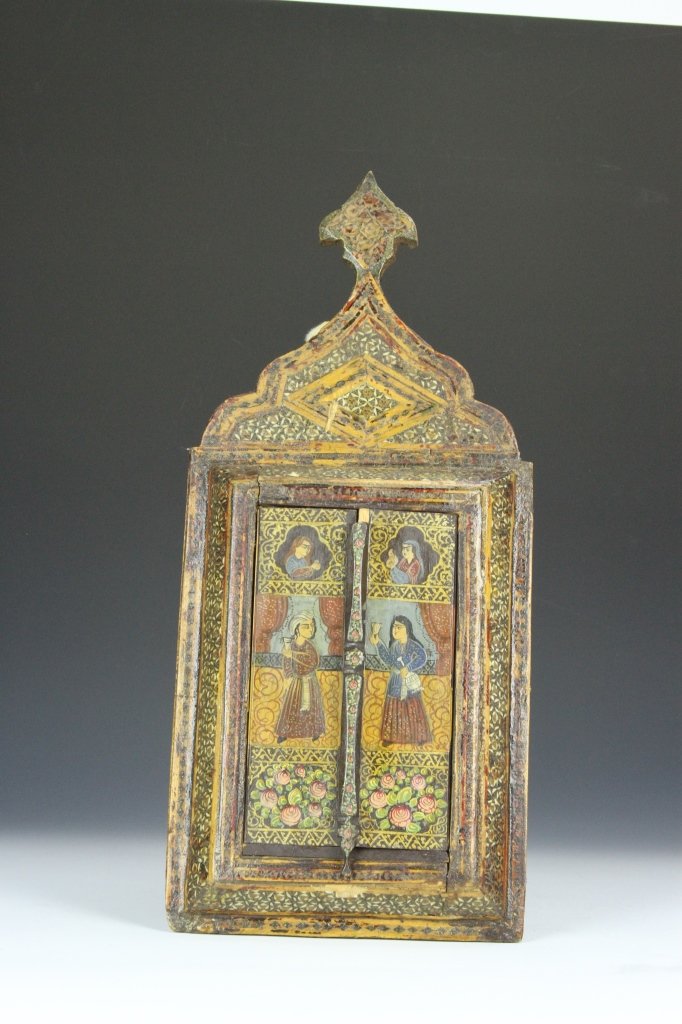 Antique Islamic Mirror: Islamic World, Antique, wood mirror, with two painted hinged doors depicting characters surrounded with geometric mosaic patterns. Height 19 in., Width 8 1/2 in.