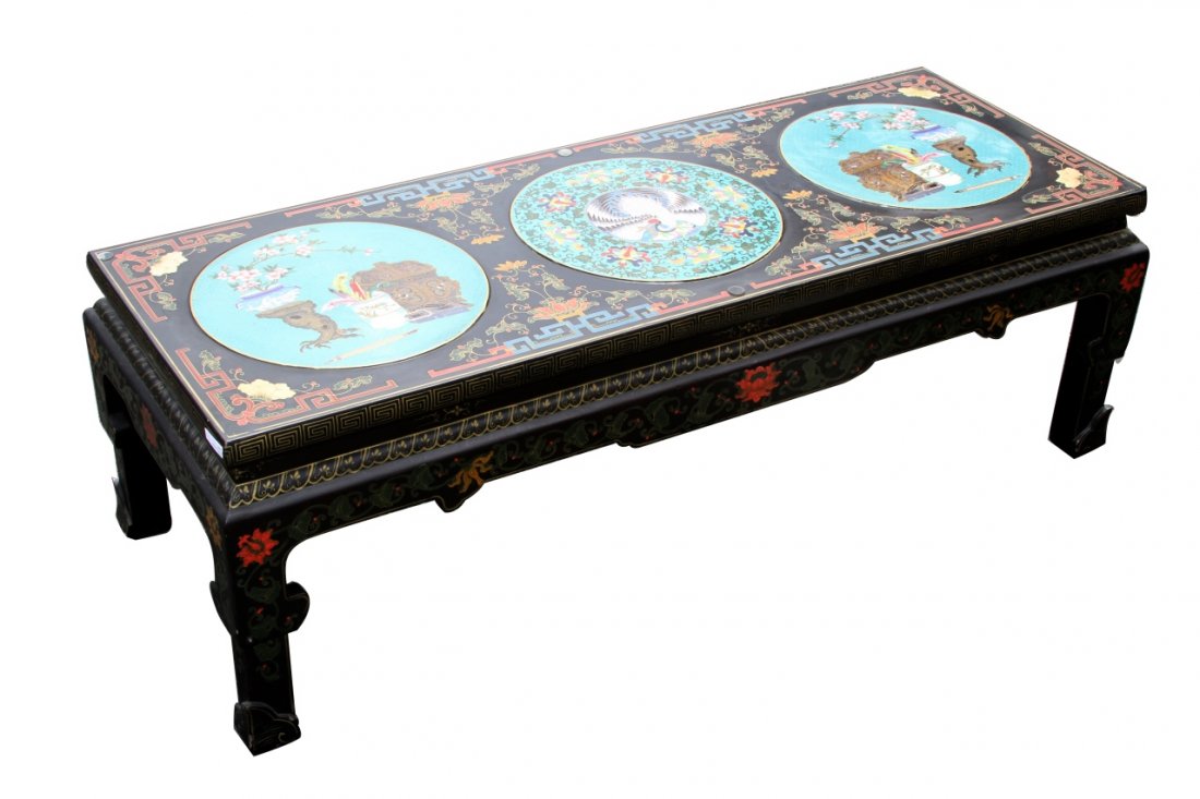 Chinese Lacquer Long Table: China, lacquer long table with cloisonne inlays, customized glass top. Length 52 in., Width 19 1/4 in., Height 16 1/4 in.