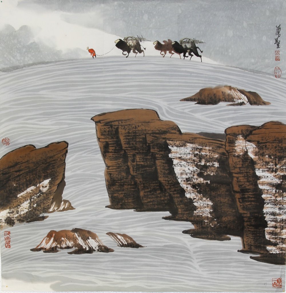 Three Chinese Scroll Paintings, Zhou Zun Sheng: China, three scroll paintings of colorful and stylized landscape scenes, ink and color on paper, use of bright red and contrasting white inks, mounted on silk scroll, calligraphy signature and red sea