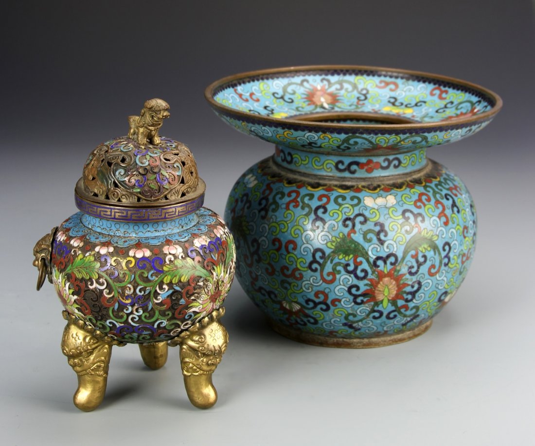 Two Chinese Cloisonne Items: China, two Cloisonne items, one censor missing a handle, one spittoon, minimal damage, both with dense overall floral decoration. Height 6 1/4 in.
