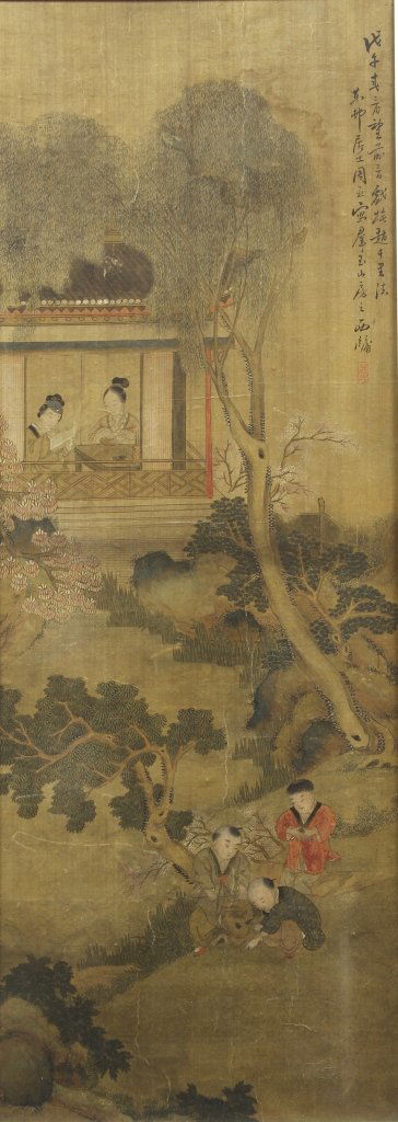 Chinese Framed Ink Painting, Zhou Chen: China, antique framed painting, ink and color on paper, showing a scene of women and children in a lush garden setting, with calligraphy signature and red seals, attributed to Zhou Chen. Length 42 in.