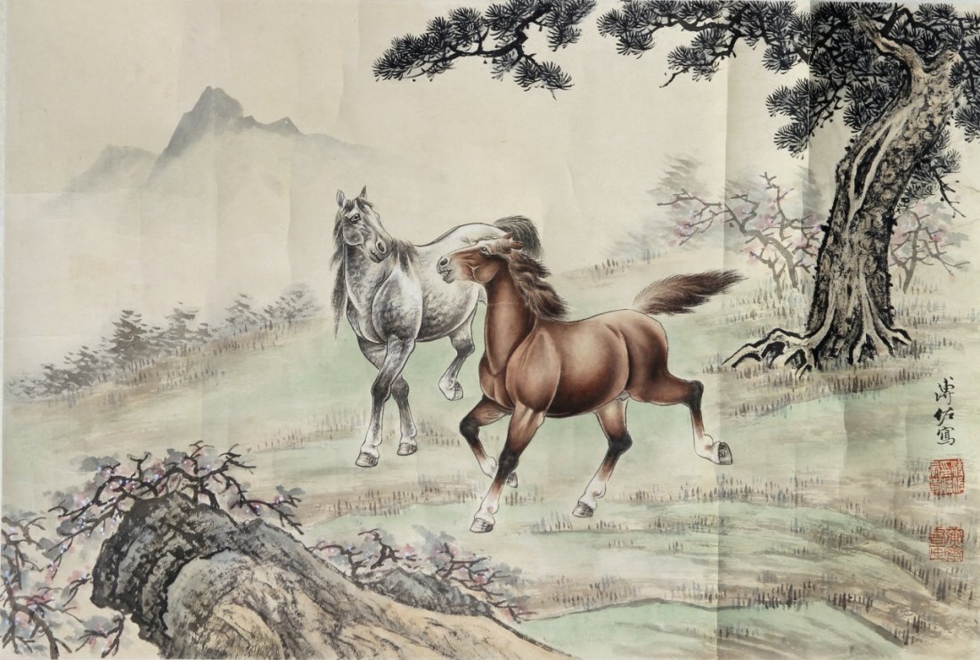 Chinese Scroll Painting, Attributed to Fu Zhou: China, scroll painting, ink and color on paper, featuring two muscular horses, one grey and one brown, set in natural landscape, with calligraphy signature and red seals, attributed to Fu Zhou. Length