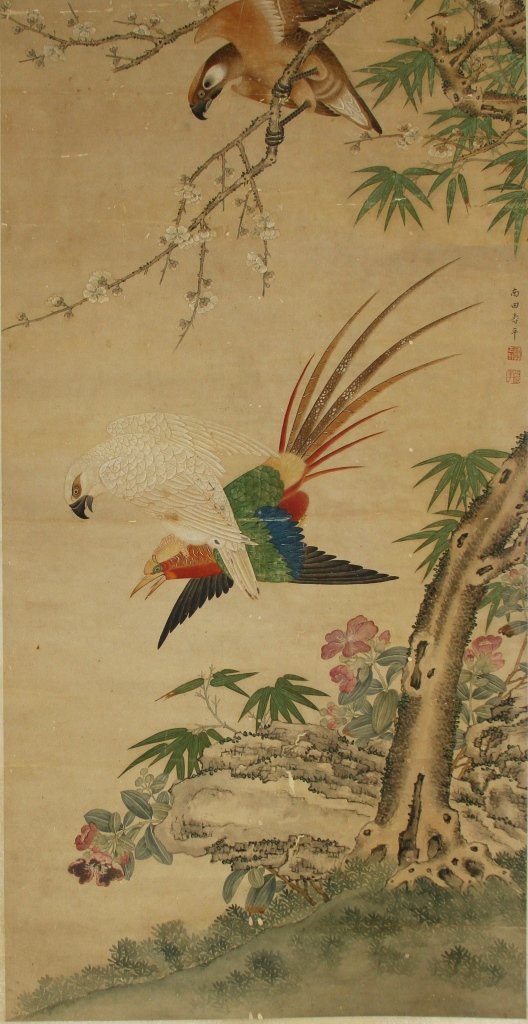 Chinese Scroll Painting, Nan Tian Shou Ping: China, scroll painting of two colorful birds engaged in a fight, being watched by a third bird from above, surrounded by foliate tree branches, ink and color on paper, ink and color on paper, mounted