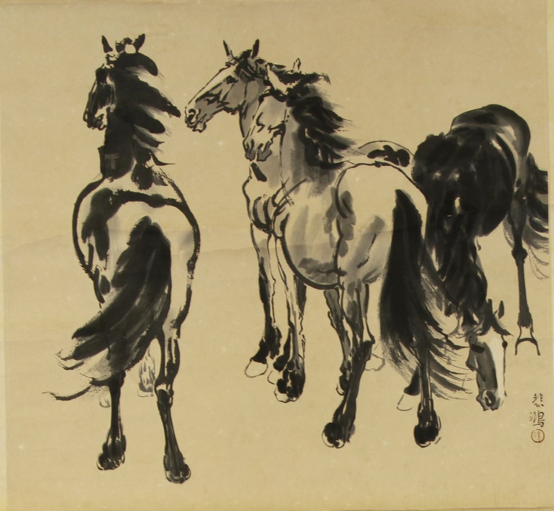 Chinese Scroll Painting, Attributed Xu Beihong: China, scroll painting of horses, ink on paper, with calligraphy signature and red seal, attributed to Xu Beihong. Height 21 in., Width 19 1/2 in.
