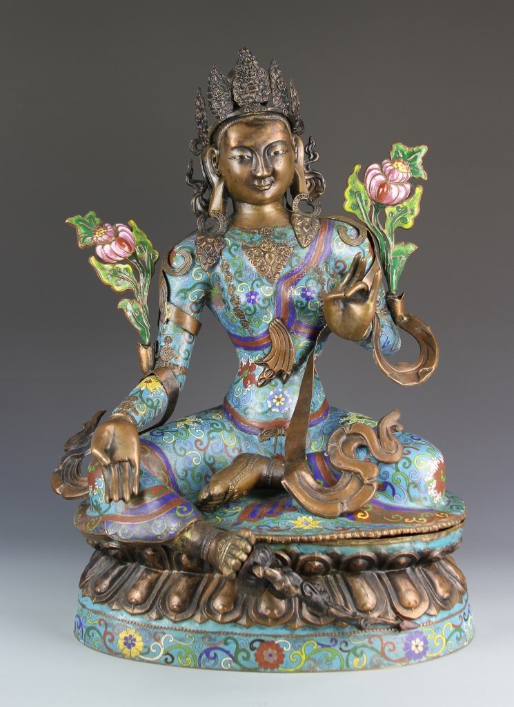 Chinese Cloisonne Buddha with Removable Pieces: China, 19th C., very rare and large Tibet/Mongolian Cloisonne Buddha with eight removable pieces, intricate metal headdress and jewelry decorate the figure, sitting on lotus base, left hand raised and