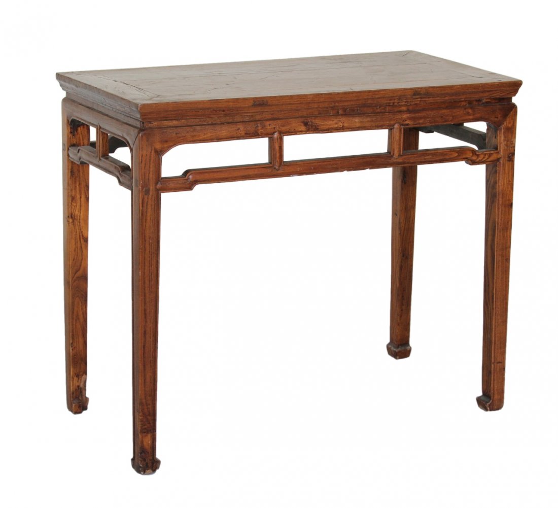 Chinese Nanmu Altar Table: China, 17th C., Nan wood altar table, in rectangular form, with carved feet and geometric details. Length 33 7/8 in., Width 19 3/4 in., Height 39 in.