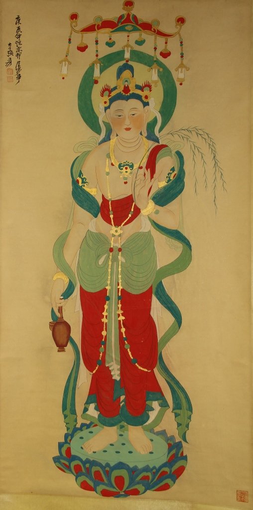 Chinese Scroll Painting of Guanyin: China, scroll painting of Guanyin, standing on a pedestal in the form of a lotus flower, elaborately detailed headdress and robe, holding branch in the left hand and a vase in the right, brightly colo