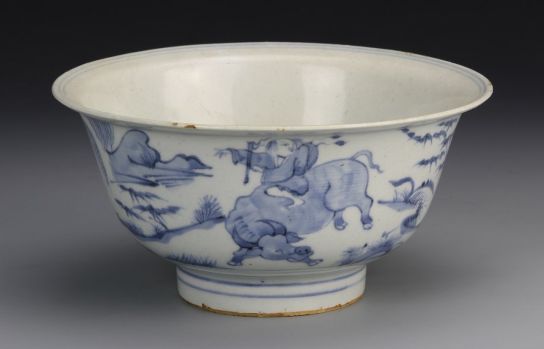 Chinese Blue and White Bowl: China, Ming Period, blue and white bowl, with flared rim and raised base, with human and animal figures in a landscape, Tianqi mark. Diameter 6 1/2 in., Height 3 1/8 in.