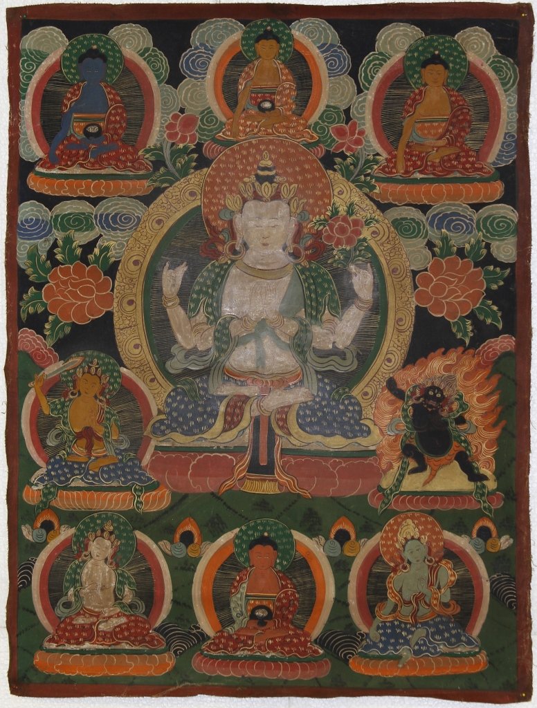 Chinese Tibetan Thangka: China, 19th C., Tibetan Thangka, in a rectangular form, depicting a larger centered Buddha with eight smaller Buddhist figures along edges, with floral elements. Width 19 1/4 in., Height 26 3/4 in.