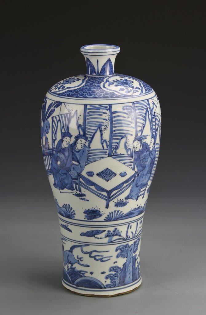 Chinese Blue and White Meiping Vase: China, 19th C., blue and white Meiping vase, with high shoulder, narrow neck, and flared rim, painted panels, including a landscape scene, and a figures seated around a table. Height 12 3/4 in.