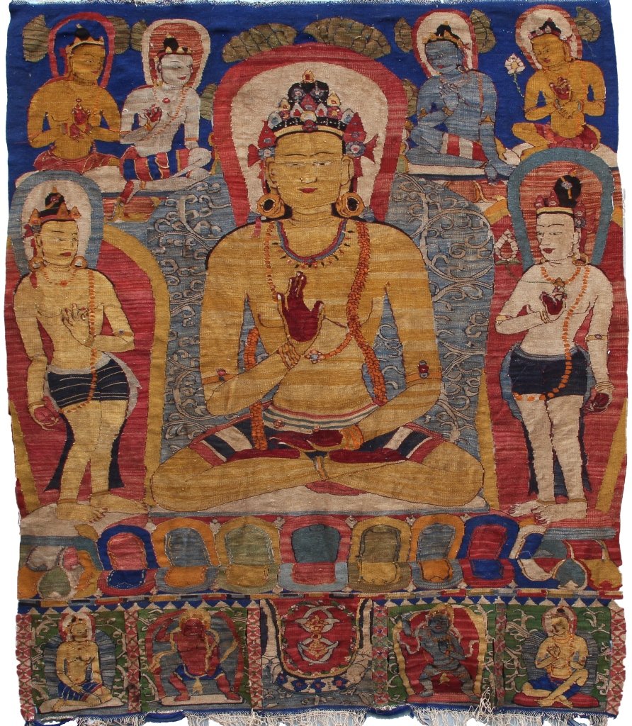 Tibetan Wool Kesi Thangka of Buddha Amoghasiddhi: Tibet, 19th C., a rare wool Thangka woven in Kesi method, the center figure Amoghasiddhi shown seated in dhyanasana on a cushion over a lotus base supported by various Buddhist deities, with his right